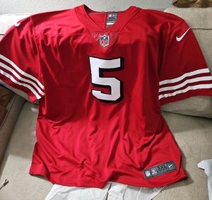 Red San Francisco 49ers Trey Lance Football Jersey with Number 5.